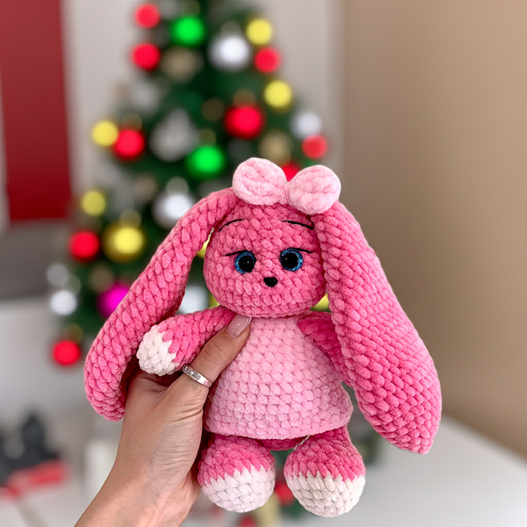 ვარდისფერი ბაჭია კაბით და ბაფთით